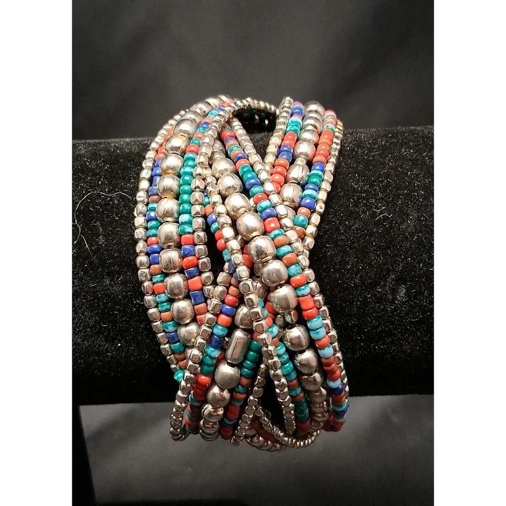 Boho Multi Strand Seed Bead Cuffโ Bracelet Silver Tone Turquoise Coral Blue Wide